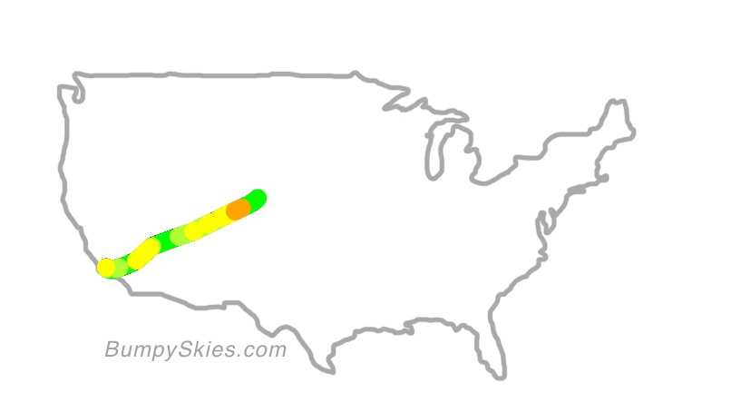 Map of continental US with illustrated flight path and turbulence forecast (described in text below)