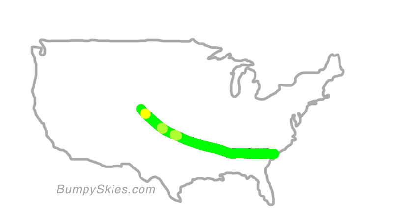 Map of continental US with illustrated flight path and turbulence forecast (described in text below)