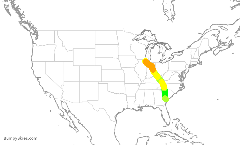 Turbulence forecast map for UAL291, SAV to ORD