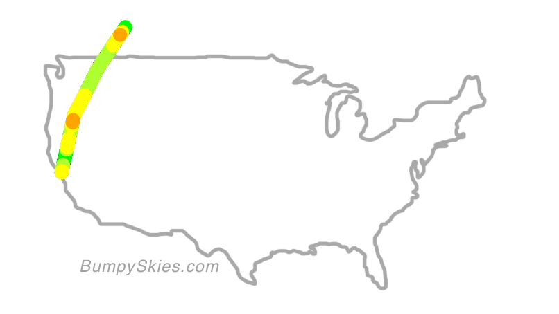 Map of continental US with illustrated flight path and turbulence forecast (described in text below)