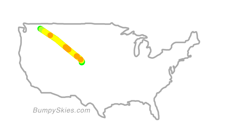 Map of continental US with illustrated flight path and turbulence forecast (described in text below)