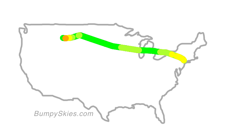 Map of continental US with illustrated flight path and turbulence forecast (described in text below)