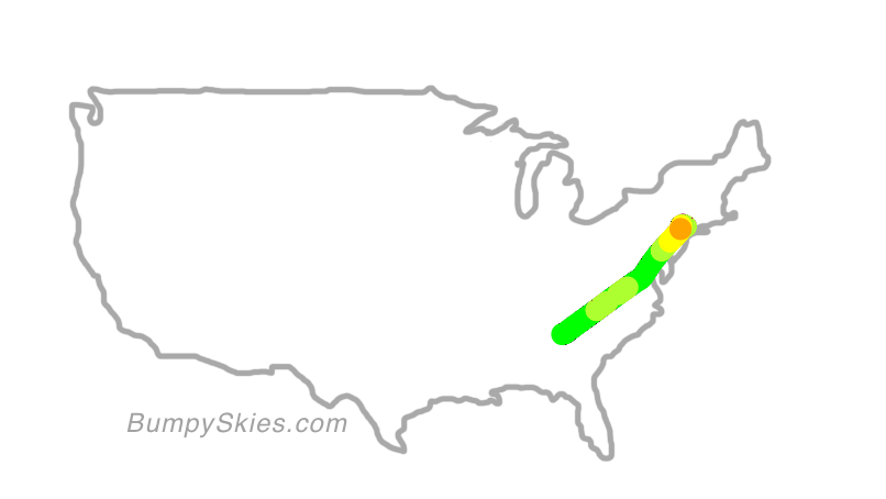 Map of continental US with illustrated flight path and turbulence forecast (described in text below)