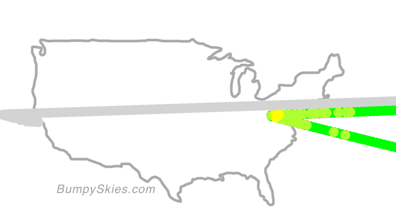 Map of continental US with illustrated flight path and turbulence forecast (described in text below)