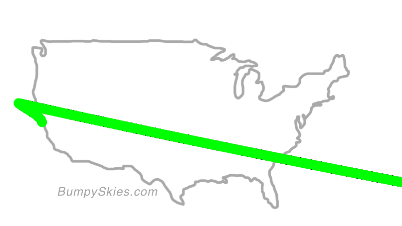 Map of continental US with illustrated flight path and turbulence forecast (described in text below)