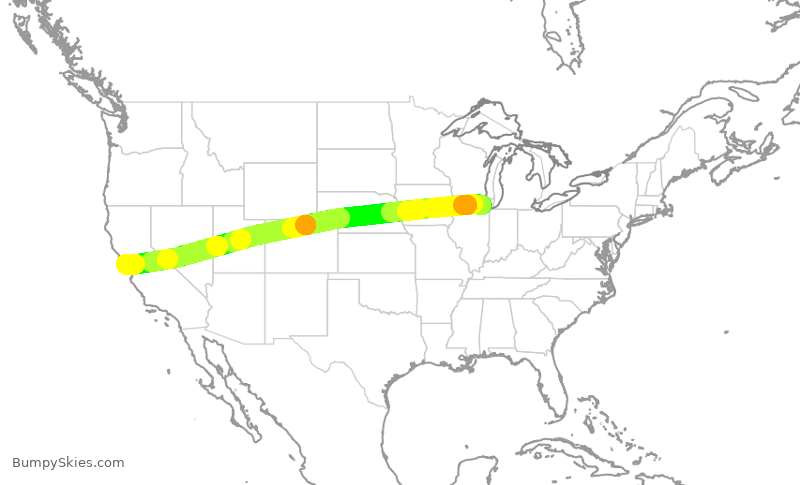 Turbulence forecast map for UAL3010, ORD to SFO