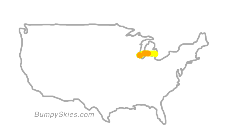 Map of continental US with illustrated flight path and turbulence forecast (described in text below)