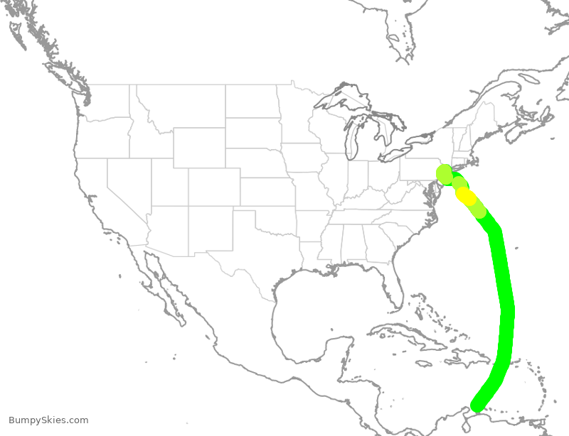 Turbulence forecast map for UAL3021, AUA to EWR