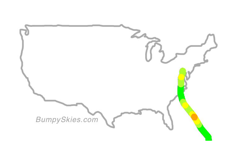 Map of continental US with illustrated flight path and turbulence forecast (described in text below)