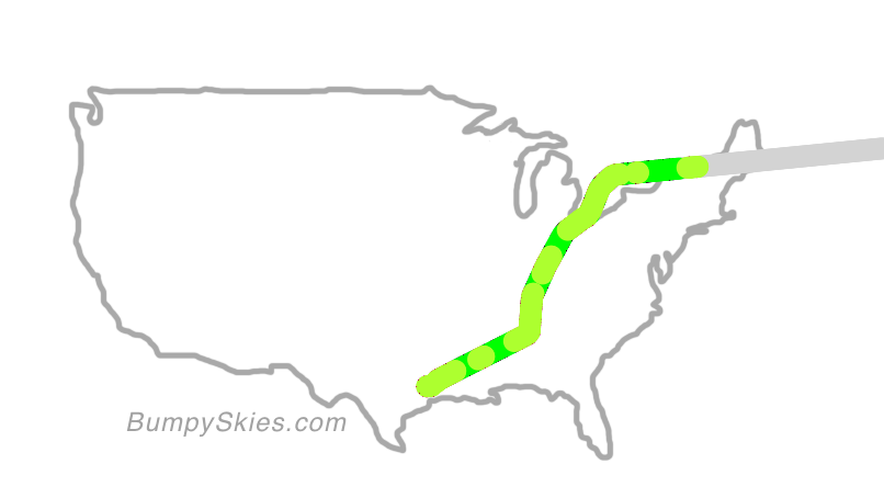 Map of continental US with illustrated flight path and turbulence forecast (described in text below)