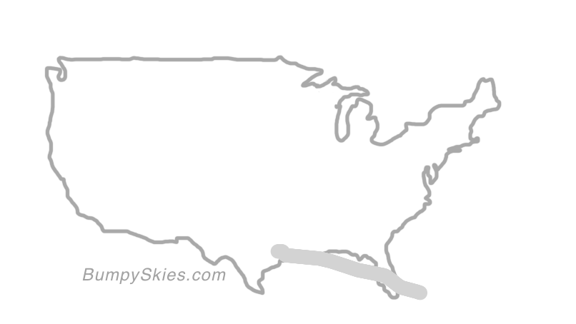 Map of continental US with illustrated flight path and turbulence forecast (described in text below)