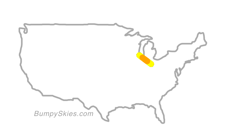 Map of continental US with illustrated flight path and turbulence forecast (described in text below)