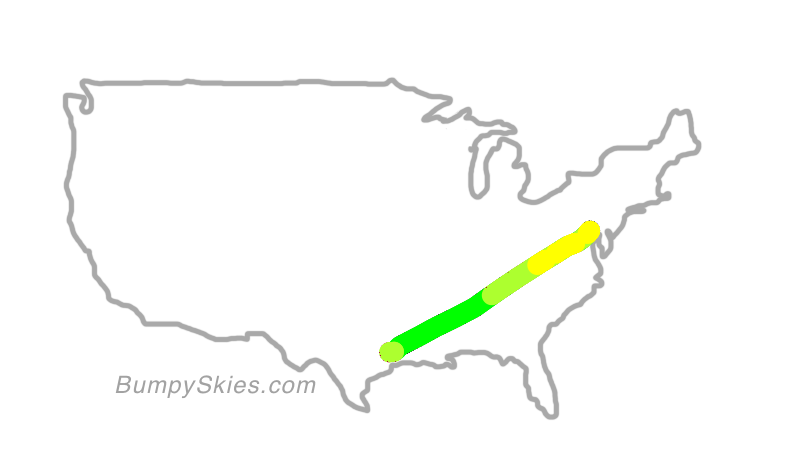 Map of continental US with illustrated flight path and turbulence forecast (described in text below)