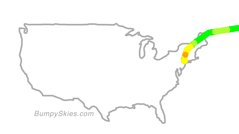 Map of continental US with illustrated flight path and turbulence forecast (described in text below)