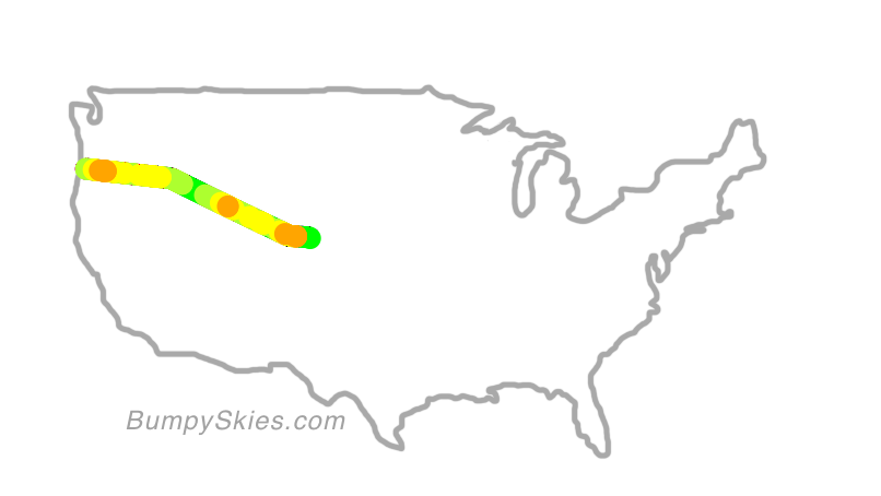 Map of continental US with illustrated flight path and turbulence forecast (described in text below)