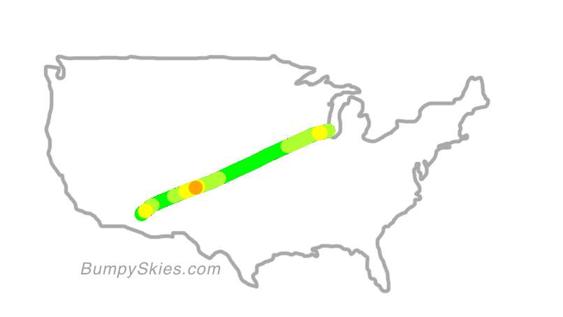 Map of continental US with illustrated flight path and turbulence forecast (described in text below)