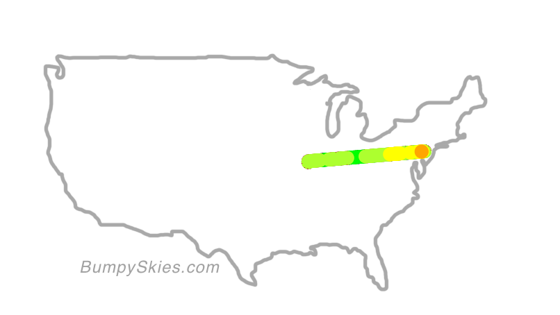 Map of continental US with illustrated flight path and turbulence forecast (described in text below)