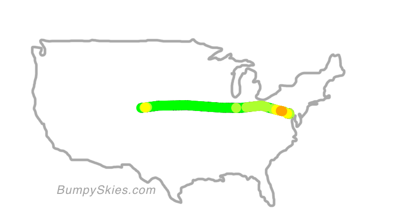 Map of continental US with illustrated flight path and turbulence forecast (described in text below)