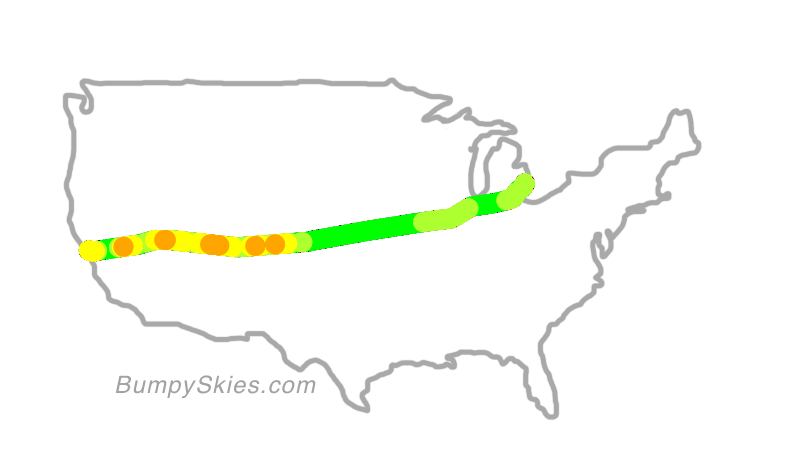 Map of continental US with illustrated flight path and turbulence forecast (described in text below)