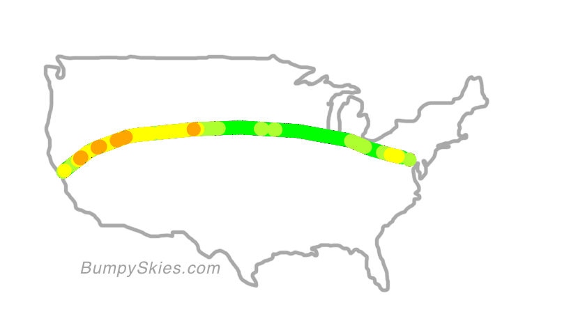 Map of continental US with illustrated flight path and turbulence forecast (described in text below)