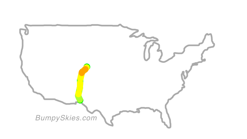 Map of continental US with illustrated flight path and turbulence forecast (described in text below)