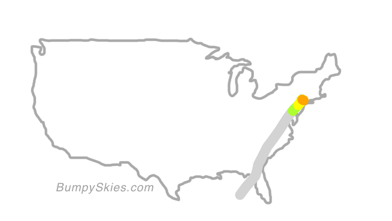 Map of continental US with illustrated flight path and turbulence forecast (described in text below)
