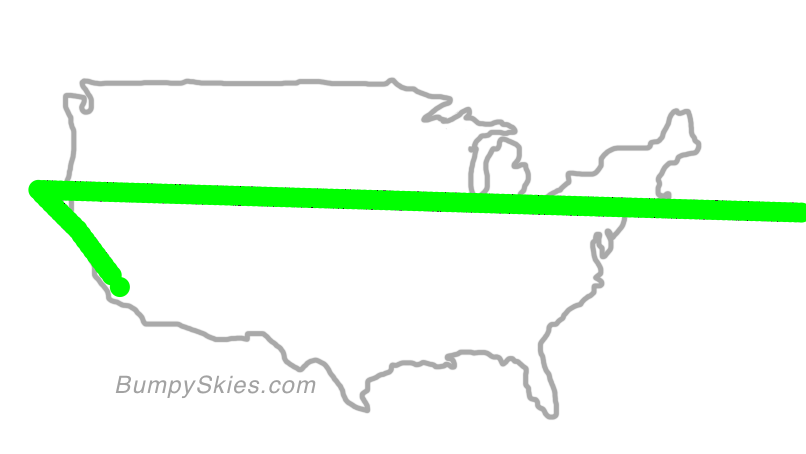 Map of continental US with illustrated flight path and turbulence forecast (described in text below)