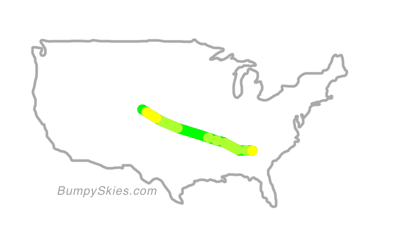 Map of continental US with illustrated flight path and turbulence forecast (described in text below)