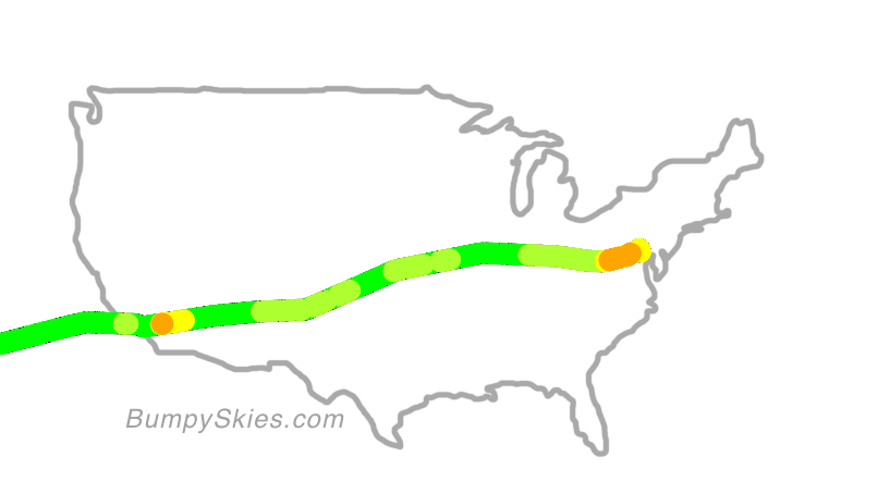Map of continental US with illustrated flight path and turbulence forecast (described in text below)