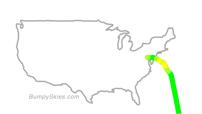 Map of continental US with illustrated flight path and turbulence forecast (described in text below)