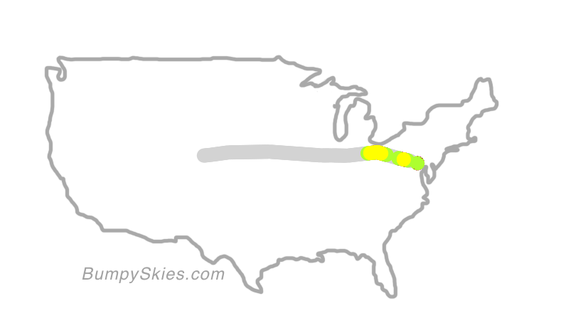 Map of continental US with illustrated flight path and turbulence forecast (described in text below)