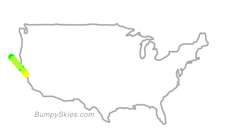 Map of continental US with illustrated flight path and turbulence forecast (described in text below)