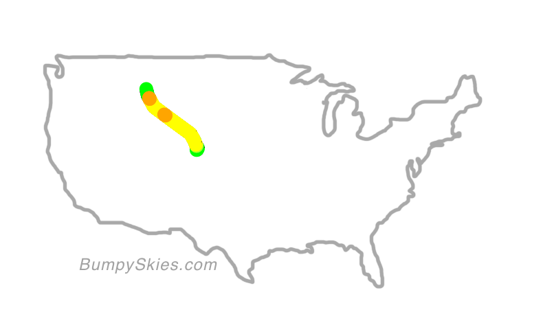 Map of continental US with illustrated flight path and turbulence forecast (described in text below)