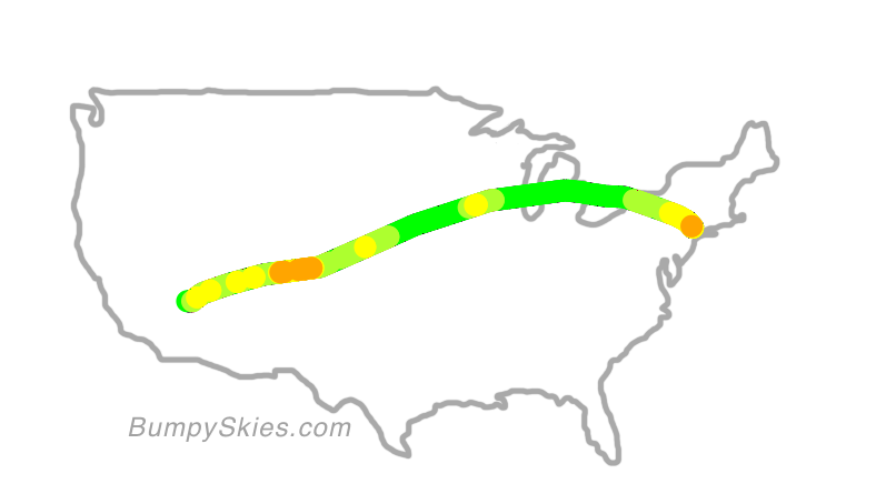 Map of continental US with illustrated flight path and turbulence forecast (described in text below)