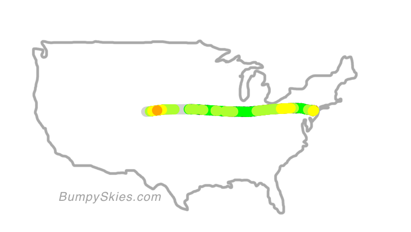 Map of continental US with illustrated flight path and turbulence forecast (described in text below)
