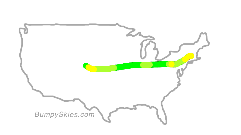 Map of continental US with illustrated flight path and turbulence forecast (described in text below)
