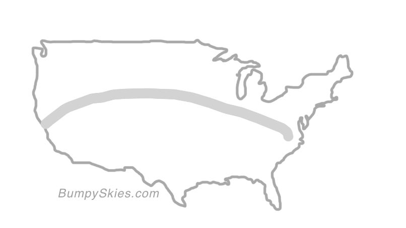 Map of continental US with illustrated flight path and turbulence forecast (described in text below)