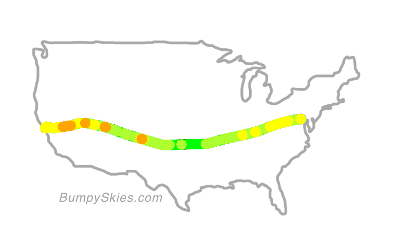 Map of continental US with illustrated flight path and turbulence forecast (described in text below)