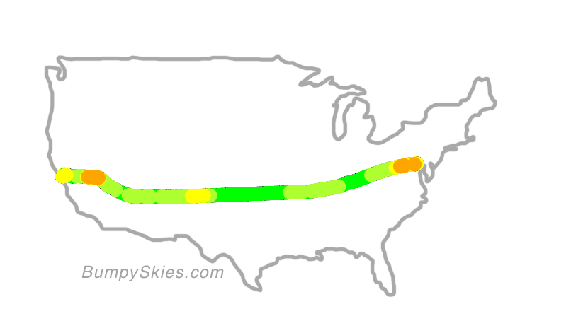 Map of continental US with illustrated flight path and turbulence forecast (described in text below)