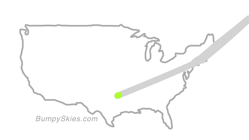 Map of continental US with illustrated flight path and turbulence forecast (described in text below)