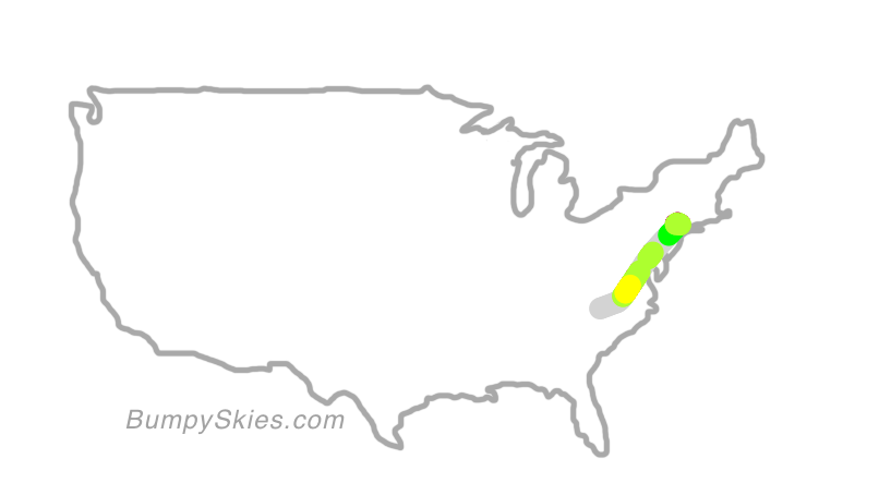 Map of continental US with illustrated flight path and turbulence forecast (described in text below)