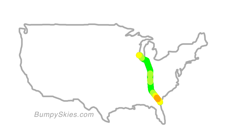 Map of continental US with illustrated flight path and turbulence forecast (described in text below)