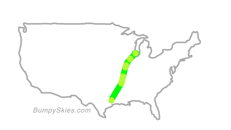 Map of continental US with illustrated flight path and turbulence forecast (described in text below)