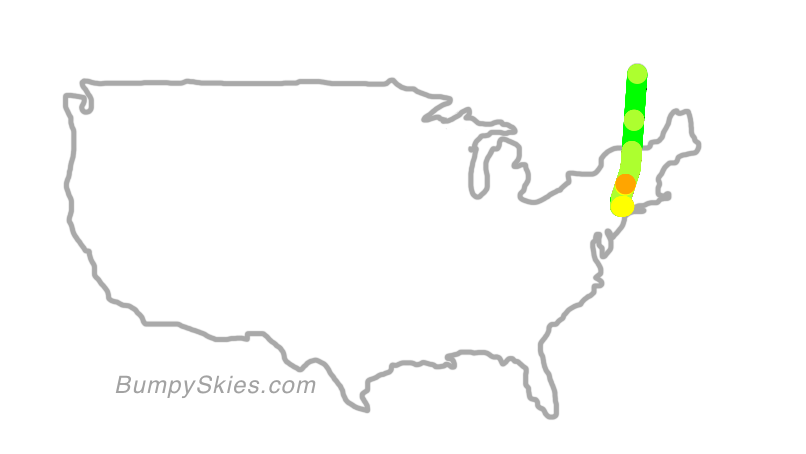 Map of continental US with illustrated flight path and turbulence forecast (described in text below)