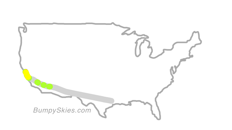 Map of continental US with illustrated flight path and turbulence forecast (described in text below)