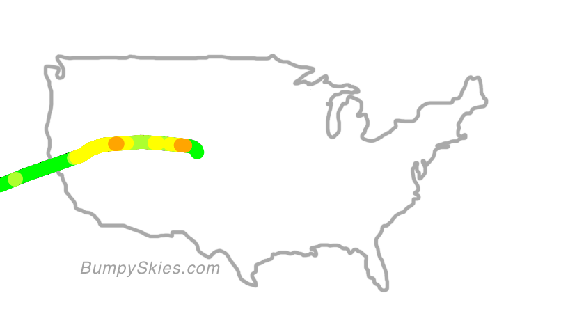 Map of continental US with illustrated flight path and turbulence forecast (described in text below)