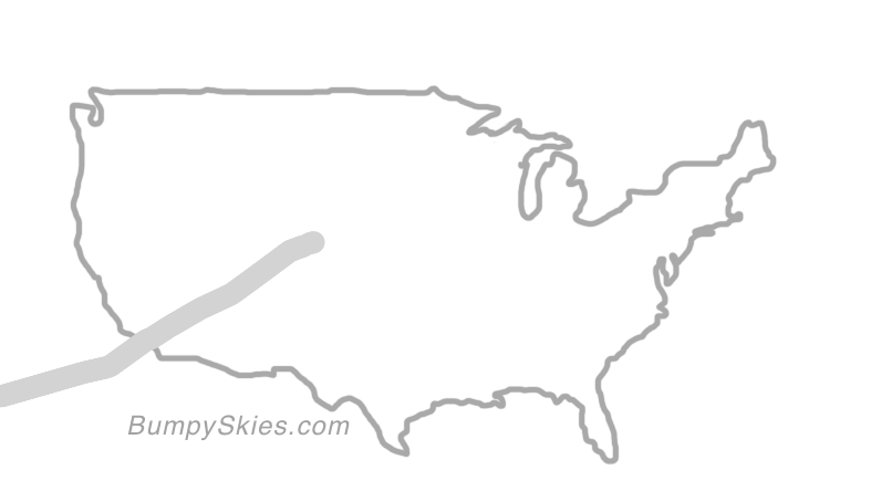 Map of continental US with illustrated flight path and turbulence forecast (described in text below)