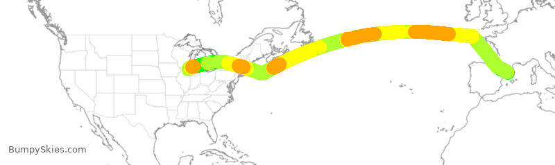 Turbulence forecast map for UAL3852, BCN to ORD