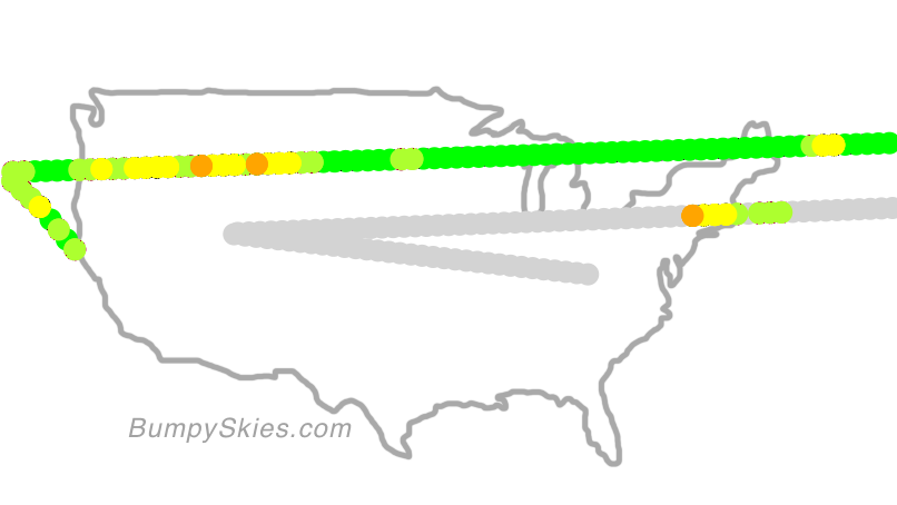 Map of continental US with illustrated flight path and turbulence forecast (described in text below)