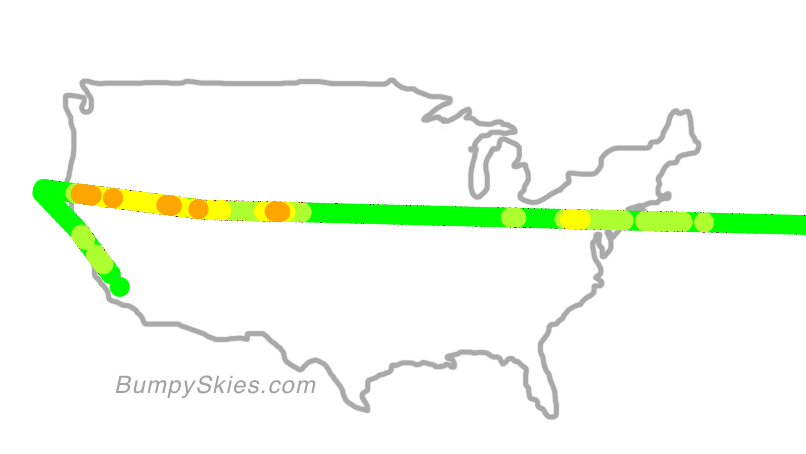 Map of continental US with illustrated flight path and turbulence forecast (described in text below)